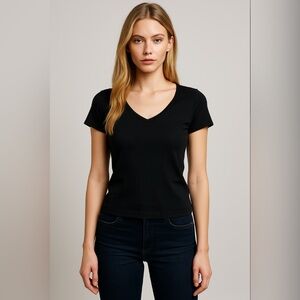 Philippe Adec Paris Vintage V-Neck Crop Tee Shirt Top Black S Basic Minimalist